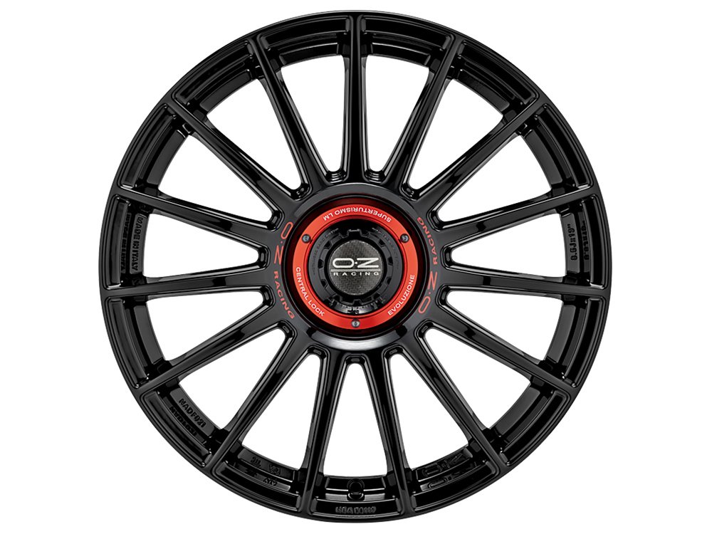 Cerchio in Lega OZ Racing Superturismo Evoluzione 8,5x19 ET45 5x108 Gloss Black + Red Lettering - immagine 2